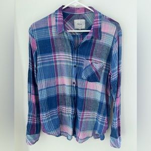Rails blue/lavender/rose plaid long-sleeve button down linen-blend shirt, Medium